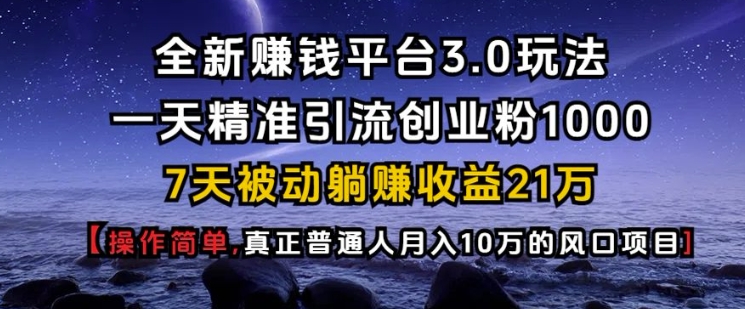 全新赚钱平台3.0玩法一天精准引流创业粉1000.7天被动躺Z收益21W【仅揭秘】-Z网创