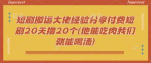 短剧搬运大佬经验分享付费短剧20天撸20个(他能吃肉我们就能喝汤)-Z网创