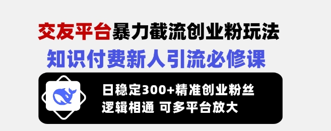 交友平台暴力截流创业粉玩法，知识付费新人引流必修课，日稳定300+精准创业粉丝，逻辑相通可多平台放大-Z网创