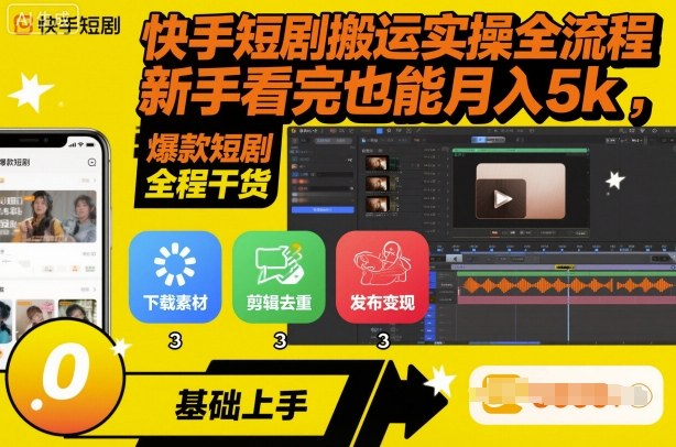快手短剧搬运实操全流程,新手看完也能月入5k,全程干货-Z网创