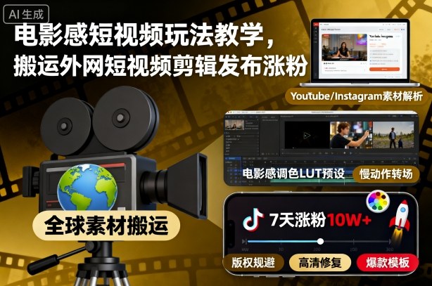 电影感短视频玩法教学，搬运外网短视频剪辑发布涨粉-Z网创