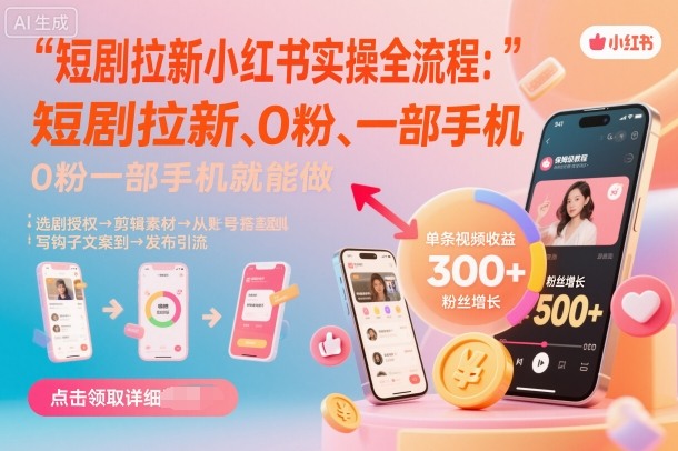 短剧拉新小红书实操全流程,0粉一部手机就可以做,详细教程-Z网创