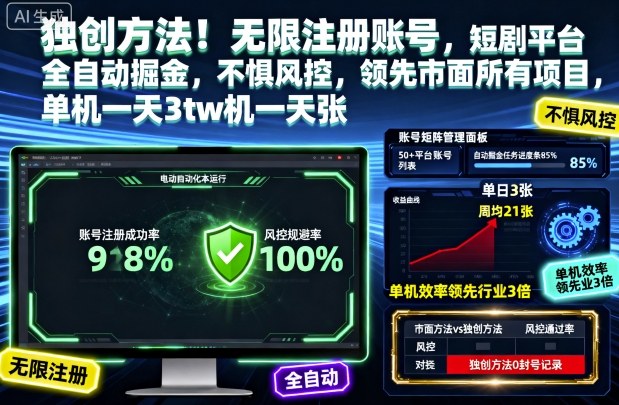 独创方法！无限注册账号，短剧平台全自动掘金，不惧风控，领先市面所有项目，单机一天3张【揭秘】-Z网创
