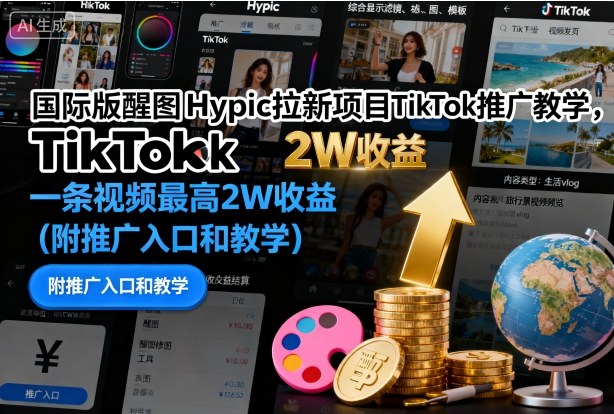国际版醒图Hypic拉新项目TikTok推广教学,一条视频最高2W收益(附推广入口和教学)-Z网创