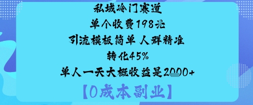 私域冷门赛道:单个收费198米引流模板简单人群精准转化45%单人一天大概收益是1k+