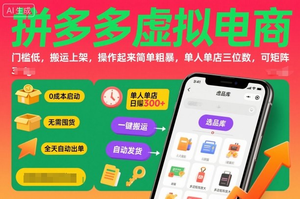 拼多多虚拟电商，门槛低，搬运上架，操作起来简单粗暴，单人单店三位数，可矩阵-Z网创