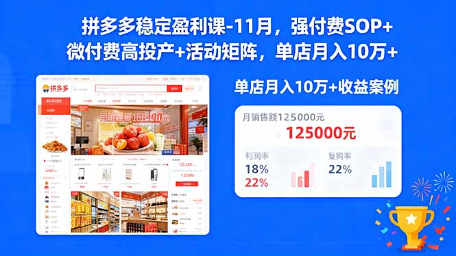 拼多多稳定盈利课-11月,强付费SOP+微付费高投产+活动矩阵,单店月入10w+-Z网创