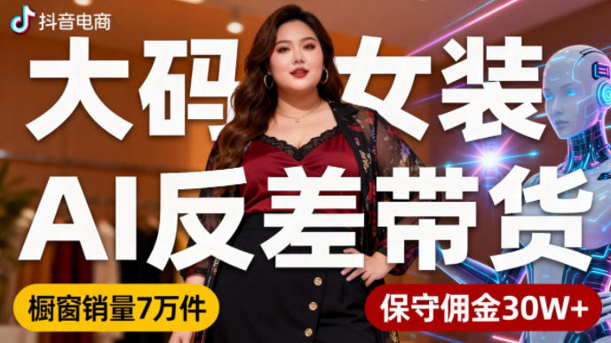 抖音小众赛道，大码女装AI反差带货，不用直播，每天6条作品，橱窗卖7万件，保守佣金30W+-Z网创