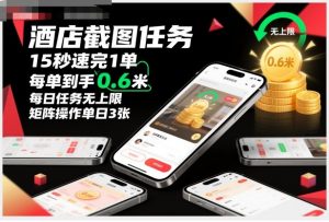 酒店截图任务，15秒速完1单，每单到手0.6米，每日任务无上限，全网首发玩法，矩阵操作单日3张【揭秘】-Z网创