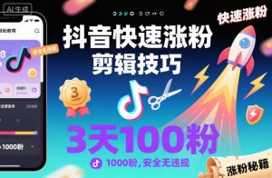 抖音快速涨粉剪辑技巧，3天1000粉，安全无违规-Z网创