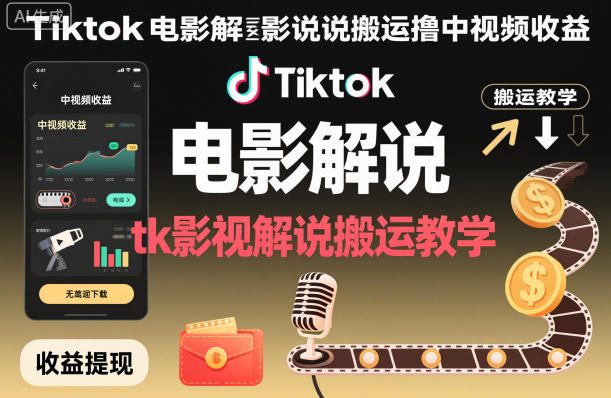 Tiktok电影解说搬运撸中视频收益,tk影视解说搬运教学-Z网创