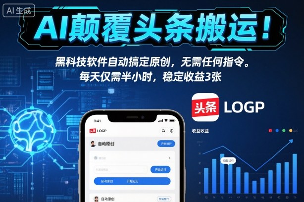 AI颠覆头条搬运！黑科技软件自动搞定原创，无需任何指令。每天仅需半小时，稳定收益3张【揭秘】-Z网创