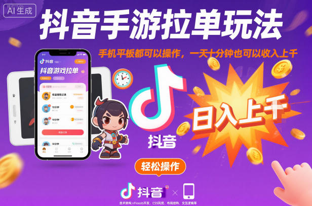 抖音手游拉单玩法，手机平板都可以操作，一天十分钟也可以收入上K【揭秘】-Z网创