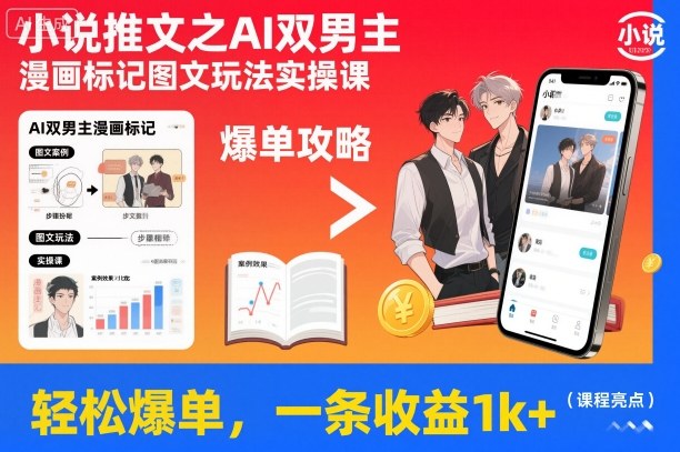 小说推文之AI双男主漫画标记图文玩法实操课,轻松爆单,一条收益1k+-Z网创