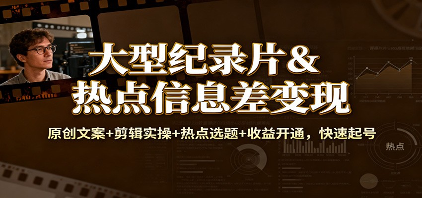 大型纪录片&热点信息差变现：原创文案+剪辑实操+热点选题+收益开通，快速起号-Z网创