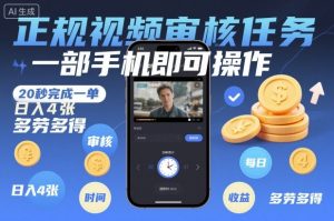 正规视频审核任务，一部手机即可操作，20秒完成一单，日入4张，多劳多得【揭秘】-Z网创