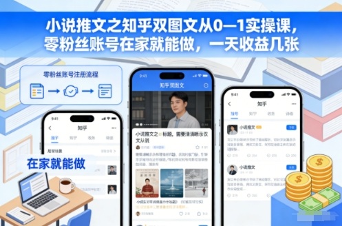 小说推文之知乎双图文从0—1实操课,零粉丝账号在家就能做,一天收益几张-Z网创