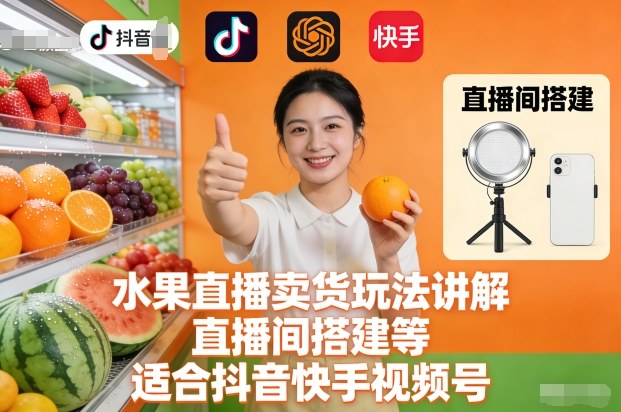 水果直播卖货玩法讲解、直播间搭建等,适合抖音快手视频号-Z网创