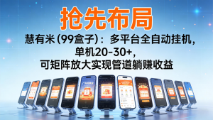 抢先布局慧有米(99盒子)：多平台全自动挂机，单机20-30+，可矩阵实现管道躺赚-Z网创