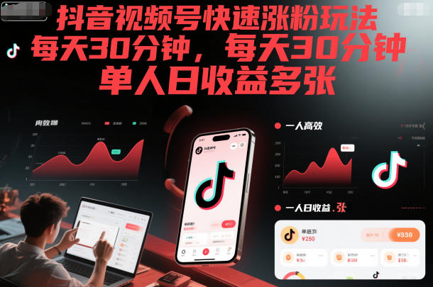 抖音视频号快速涨粉玩法，每天30分钟，单人日收益多张-Z网创
