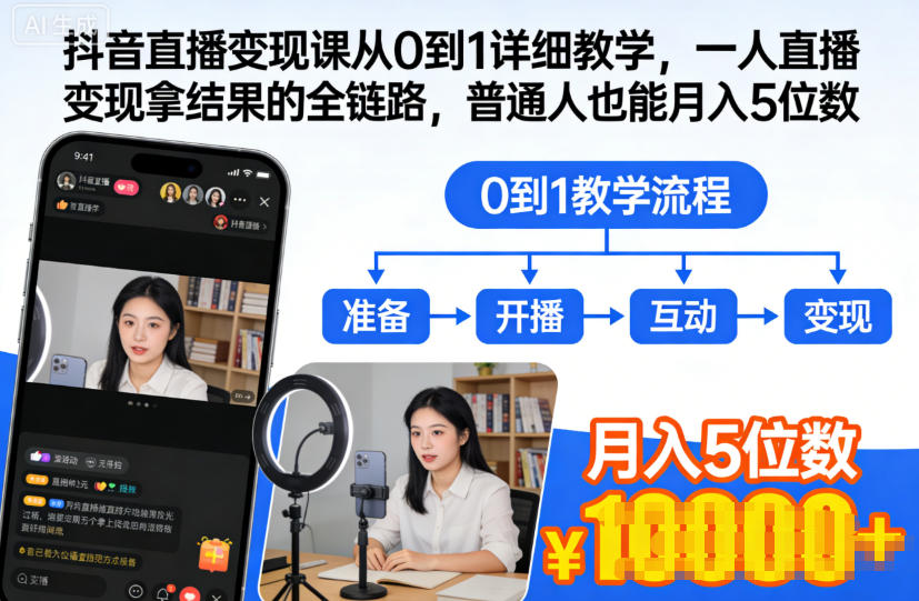 抖音直播变现课从0到1详细教学,一人直播变现拿结果的全链路,普通人也能月入5位数-Z网创
