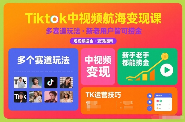 Tiktok中视频航海变现课，多个赛道玩法，新手老手都能在TK中视频捞金-Z网创