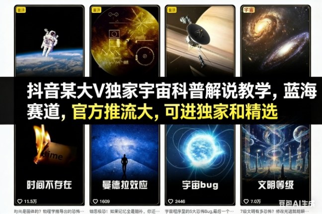 抖音某大V独家宇宙科普解说教学,蓝海赛道,官方推流大,可进独家和精选-Z网创