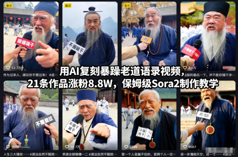 用AI复刻暴躁老道语录视频,21条作品涨粉8.8W,保姆级Sora2制作教学-Z网创