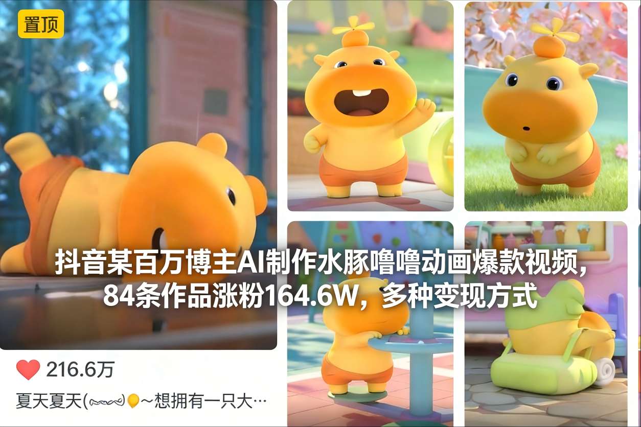 抖音某百万博主AI制作水豚噜噜动画爆款视频，84条作品涨粉164.6W，多种变现方式-Z网创