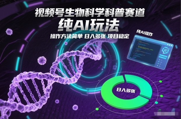 视频号生物科学科普赛道，纯AI玩法，操作方法简单，日入多张，项目稳定-Z网创
