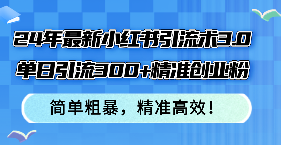 24年最新小红书引流术3.0，单日引流300+精准创业粉，简单粗暴，精准高效！-Z网创