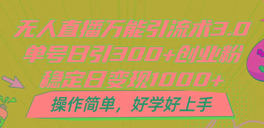 无人直播万能引流术3.0，单号日引300+创业粉，稳定日变现1000+，操作简单-Z网创