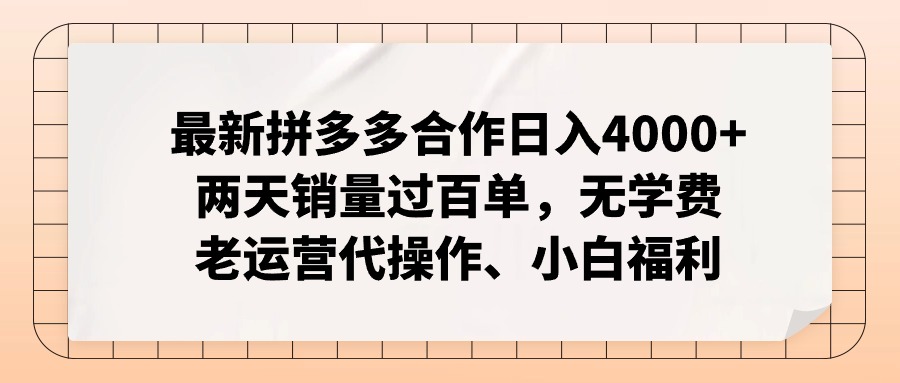 拼多多最新合作日入4000+两天销量过百单,无学费、老运营代操作、小白福利-Z网创