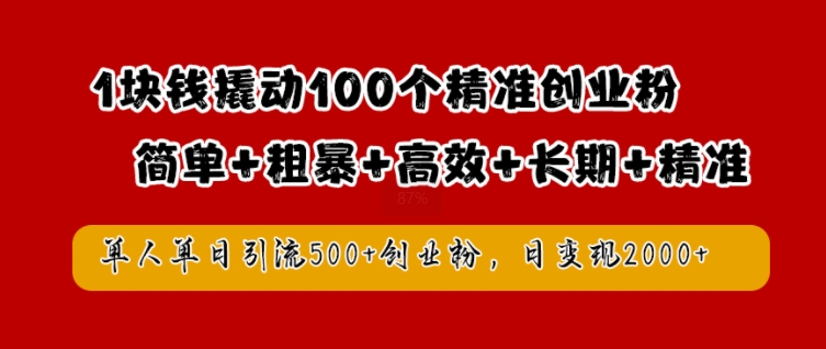 1块钱撬动100个精准创业粉，简单粗暴高效长期精准，单人单日引流500+创业粉，日变现2k【揭秘】-Z网创