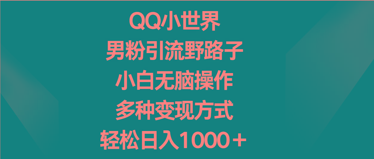 QQ小世界男粉引流野路子，小白无脑操作，多种变现方式轻松日入1000＋-Z网创