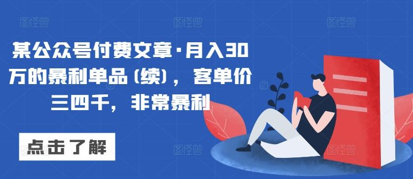 某公众号付费文章·月入30万的暴利单品(续)，客单价三四千，非常暴利-Z网创
